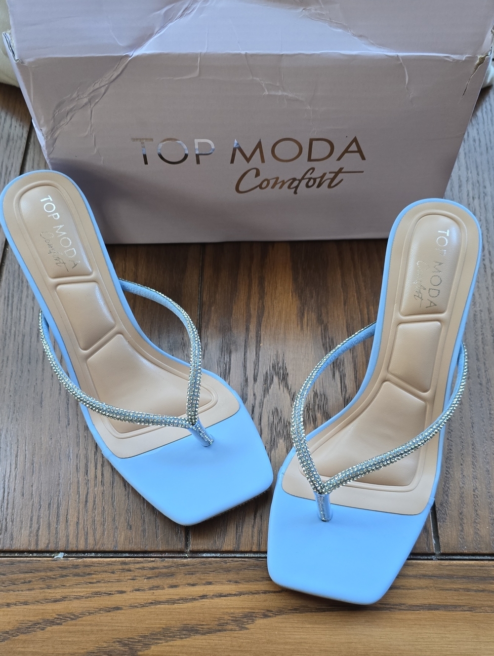 Top Moda Light Blue Square Toe Rhinestone Strap Heeled Sandals Women's Size 6.5
